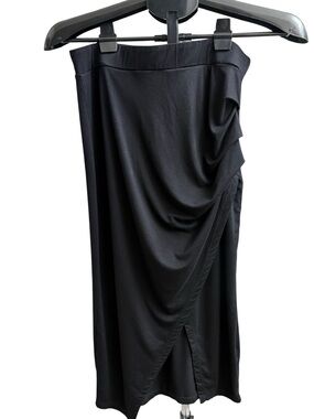 Black Ruched Midi Skirt Asymmetrical Draped High Waist Slit Size L